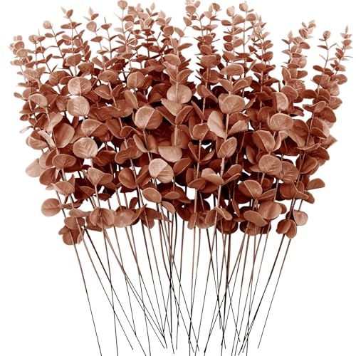 FEQO 36 Pcs Artificial Eucalyptus Stems Dark Brown Leaves Faux Eucalyptus Stems Branches 15 inch for Wedding Bouquet Home Deco - color: Dark Brown, size: 36 pcs