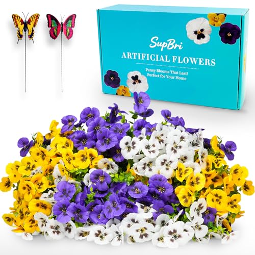 SupBri Artificial Silk Pansy Flowers with Decorative Butterflies, UV Resistant Waterproof No Fade Fake Flowers for Outdoor Pots Garden Patio Decor (White Purple Yellow, 12 Bundles) - color: Yellow/Purple/White