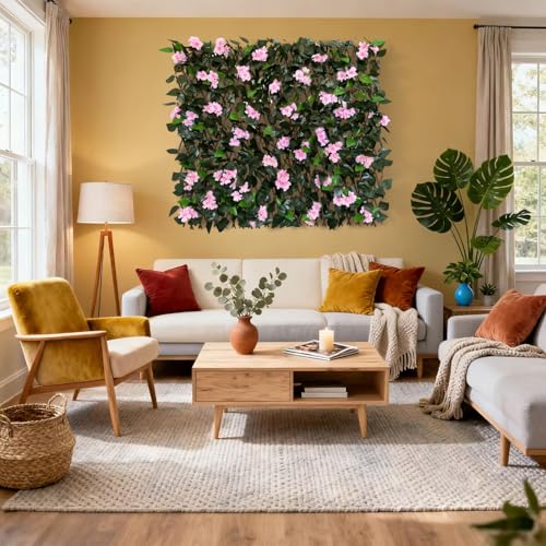 Expandable Fence Privacy Screen for Balcony Patio Outdoor,Decorative Faux Ivy Fencing Panel,Artificial Hedges - color: PINK FLOWER