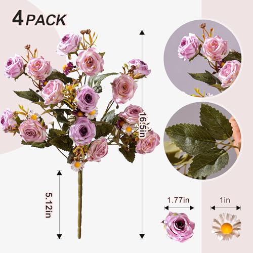 Artificial Rose Flowers for Outdoor 4 Bundles Rose Bouquet with Daisy Faux Flowers UV Resistant for Home Indoor Outside Garden Porch Window Box Balcony Yard Porch Fall Decor (Purple) - color: Purple