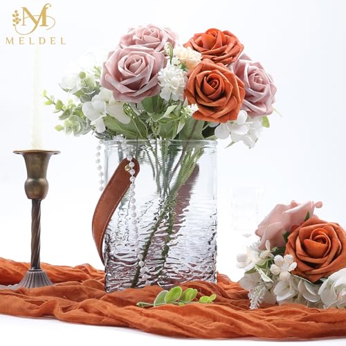 Artificial Flowers 25 Pack Burnt Orange Faux Foam Roses with Stems, Real Looking Fake Rose for DIY Wedding Bouquets, Bridal Shower Centerpieces, Party Table Decorations, Home Decor - color: Burnt Orange & Warm Taupe, size: 25Pcs