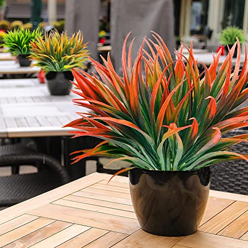 16 Pcs Outdoor Fake Plants UV Resistant Artificial Tall Grass Plants Faux Tropical Flowers Bushes Fall Winter Summer Planters Yard Patio Front Porch Décor Plastic Greenery Shrubs Decoration - color: Red Grass Plant, size: 16 Pcs