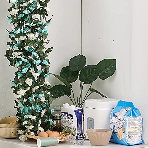 PONKING 8 Pcs x 8.2 ft Flower Garland Artificial Rose Vine Flowers with Green Leaves Hanging Fake Roses Vine for Room Party Home Wedding Birthday Christmas Wall Arch Decor, White Blue Flower - color: Spring-blue White-8pcs, size: 8 Vines 66FT