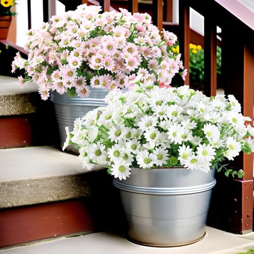 10pcs Outdoors Artificial Mum Flowers UV Resistant Daisy Fake Silk Chrysanthemum Greenery Faux Eucalyptus Plants for Spring Summer Garden Patio Window Box Planter Home Decor(White) - color: White