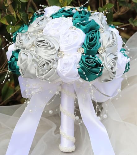 Ujicde Romantic Wedding Bouquet Bridal Bridesmaid Round Bling Brooch Bouquet Throw Toss Artificial Rose Flower Bunch with Sparkle Rhinestone Crystal Decoration(Green White,Dia. 6.3"*16cm) - color: Green White, size: Dia. 6.3"*16cm