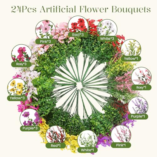 SHareconn 24 Bundles Artificial Flowers for Outdoors, Faux Plants Fake Silk Colorful Daisy Eucalyptus Lavender, UV Resistant for Outside Home Porch Patio Spring Decor, RedRosyPurpleYellowPinkWhite - color: Redrosypurpleyellowpinkwhite