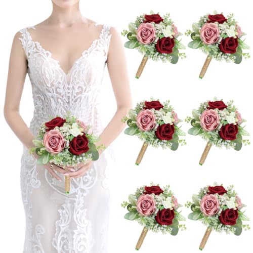 Blush & Burgundy Bridesmaids Bouquets Set of 6-7 Inch Artificial Flowers Bridesmaid Bouquet for Wedding Pre-Made Rustic Rose Small Floral Bouquets for Bridal Shower Marriage Proposal Party Anniversary - color: Blush & Burgundy, size: 6pcs