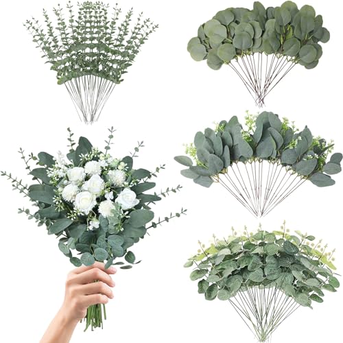 Eucalyptus Leaves Stems 100 PCS, 4 Kinds Mixed Artificial Greenery Stems for Wedding Decor Vase Floral Arrangement Centerpiece