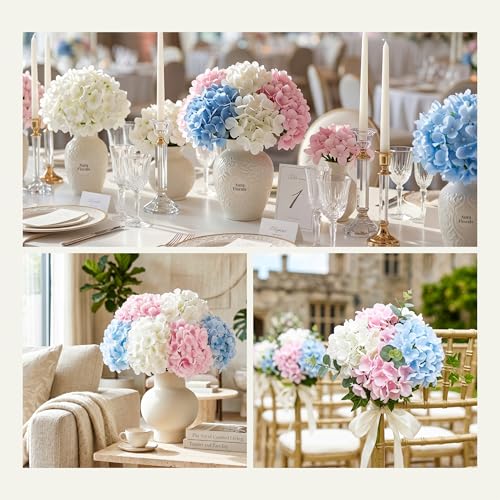 Auihiay 10Pcs Artificial Hydrangea Flowers Bulk, Realistic Faux Silk Hydrangea with Stems, Fake Flowers for Wedding Centerpieces Table Vase Decor Baby Shower Bedroom Valentine's Day(Mixed Color) - color: White,blue & Pink