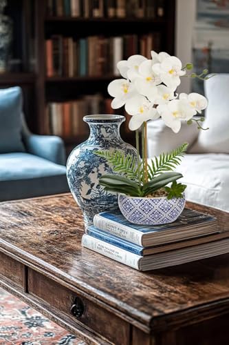 Oairse White Orchids Artificial Flowers in Pot 16.1" Faux Orchids Plant in Blue and White Pot Real Touch Fake Phalaenopsis Flower Arrangement Dinner Table Centerpiece for Dining Room Bathroom Decor
