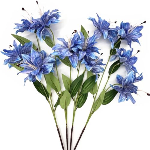 Artificial Lily Flowers Fake Vintage Lilies Silk Flower Realistic Tiger Lily Plastic Stems Faux Plants for Indoor Outdoor Decor Vase Floral Arrangement Wedding Party Bouquet DIY Decoration Blue 4 Pack - color: Silk Flowers / Blue / 4 Pack