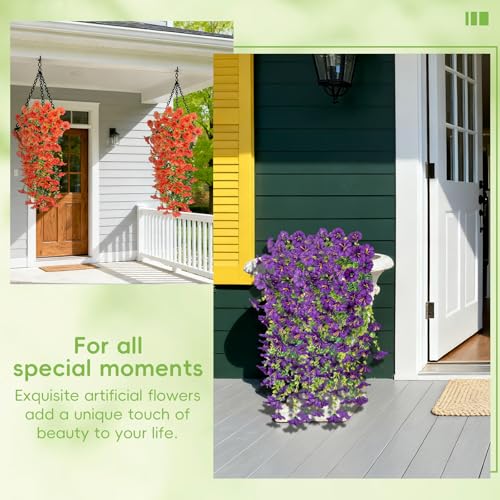 Artificial Hanging Flowers for Outdoor, 6PCS Red White and Blue Artificial Hanging Petunias Flowers, 4th of July UV Resistant Realistic Faux Morning Glory for Outside Patio Memorial Day Decor - color: Red White Blue