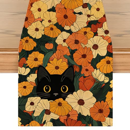 Black Cat Spring Table Runners Floral Spring Table Runner for Home Cat Floral Decorations for Home Office Kitchen Living Room Farmhouse Apartment 13 x 72 Inch - color: Black Cat 08