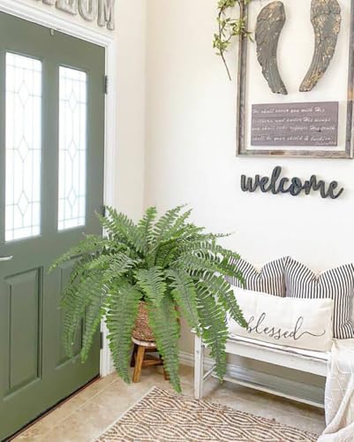 Artificial Fern Plants in Pot 34.6" Large Artificial Boston Fern 39 Leaves for Outdoors & Indoor Faux Potted Plant Fake Ferns Bush Plant for Patio Garden Farmhouse Porch Home Decor Dusty Green - color: Black Pot - Dusty Green Large