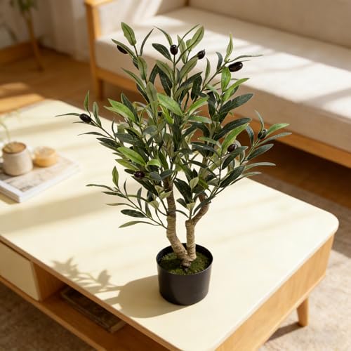 Artificial Olive Potted Tree, 28" Tall Tabletop Fake Olive Tree with Fruits Lifelike Faux Greenery Plants in Pot for Indoor Livingroom Kitchen Bedroom Office Home Decor (B) - color: B-28in