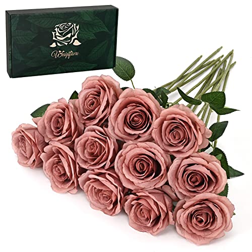 Waipfaru 12 Pcs Artificial Flowers Fake Silk Dusty Roses, Faux Real Touch Roses Bouquet with Long Stem for Wedding Party Home Decor (Dusty Rose) - color: B-dusty Rose, size: 12 Pcs