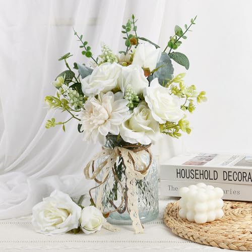 CEWOR Fake Flowers in Vase, Artificial Flowers Arrangement in Vase, Fake Floral Table Centerpieces Decor for Kitchen Farmhouse Coffee Table Living Room Bathroom Plant Decor - color: White