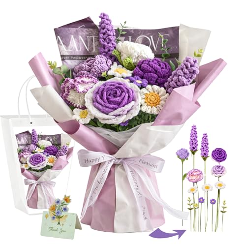 Handmade Crochet Flower Bouquet, Pink Rose & Carnation Knitted Flowers, Gift For Girlfriend, Birthday, Anniversary, Mother’s Day, Wedding Or Graduation (Includes Card) (Purple) - color: Purple