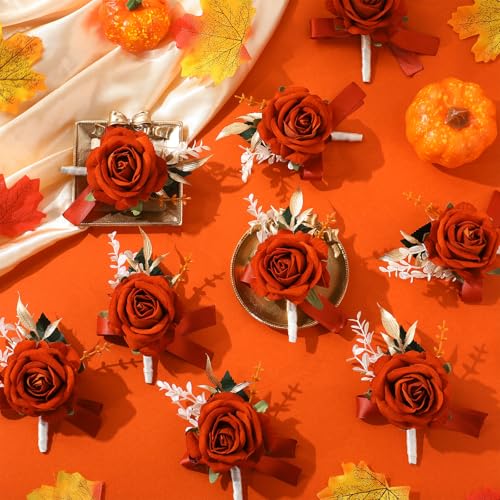 Sherr 12 Pcs Rose Boutonniere for Men Wedding Corsage Rose Groom and Groomsmen Boutonniere with Artificial Flower for Rustic Vintage Wedding Ceremony Anniversary Dinner Prom Party (Caramel Orange) - color: Caramel Orange
