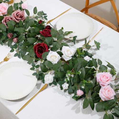 2 Pack 11.2 Ft Artificial Flower Garland with White Roses, Realistic Fake Greenery Vines with 17 Roses Flowers for Wedding Table Centerpieces Arch Party Ceremony Backdrop Decor (Mix RED) - color: Mix Red