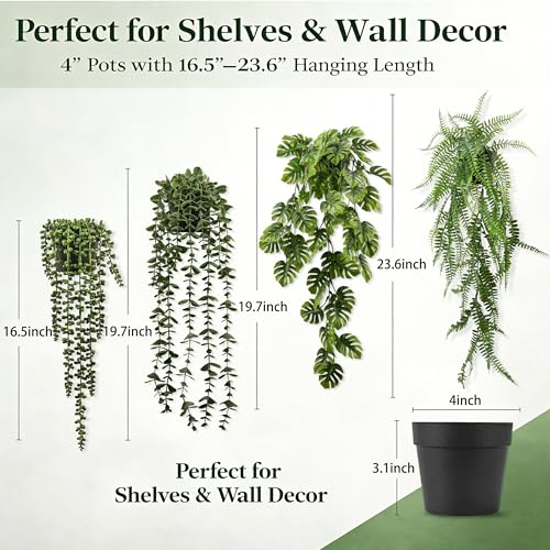 4 Pack Artificial Hanging Plants Indoor – Faux Hanging Wall Plants, String of Pearls, Eucalyptus & Monstera, Fake Hanging Potted Plants for Shelf Wall Home Office Decor - color: Green 4 Pot
