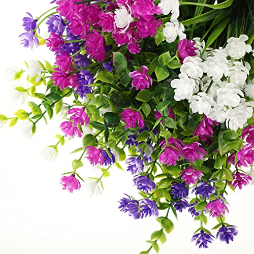 WILLBOND 12 Bundles Artificial Flowers Outdoor, UV Resistant Faux Artificial Plants Shrubs Plastic Flower Bulk for Hanging Planter Porch Window Home Spring Summer Decor(Fuchsia, White, Purple) - color: Fuchsia, White, Purple