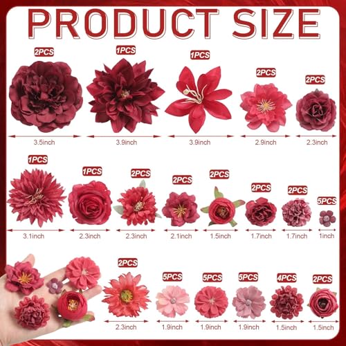 Artificial Flowers Heads Combo Red Flowers Mix Silk Flowers Heads Bulk Faux Rose for Craft Garland Graduation Cap Wedding Bridal Baby Shower Home Party Decoration DIY Cake Decor - color: Red