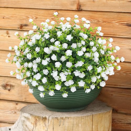 Bassion 20 Bundles Artificial Flowers for Outdoors, UV Resistant Faux Plants Outdoor Indoor Fake Flowers Plastic Greenery Shrubs Eucalyptus Stems for Garden Fence Patio Window Box Porch Pot Decor - color: White