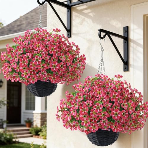 VIERENA 2 Sets Artificial Morning Glory and Eucalyptus Hanging Basket for Outdoor, UV-Resistant Fake Flower Hanging Basket, Suitable for Porch, Aisle, Garden, Patio, Eaves Decor (Rose Red) - color: Rose Red