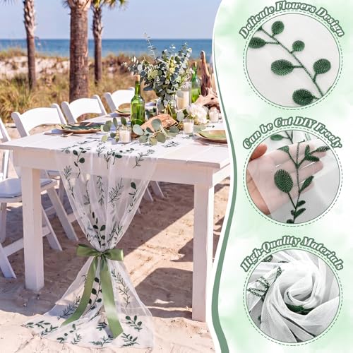 Mindsoft 3 Pcs Eucalyptus Table Runner 10ft Gauze Sage Green Embroidered Leaf Decor Foliage Floral Tulle Lace Table Runner for Wedding Bridal Baby Shower Holiday Dining Decor DIY - style: Green Leaves