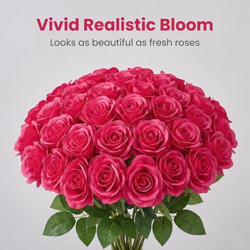 55 Pcs Hot Pink Roses Artificial Flowers Bulk, Artificial Roses Fake Flowers with Adjustable Stems, Soft Foam Roses for DIY Wedding Bouquets, Bridal Shower Centerpieces, Home Party Decor - color: Hotpink