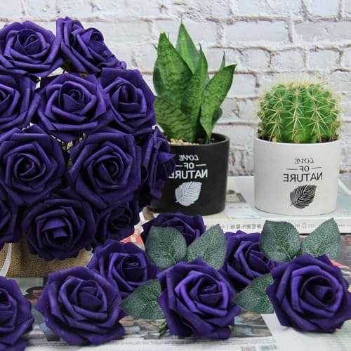 Higfra Artificial Flowers 50 Stems Realistic Roses - Lifelike Fake Flowers for Wedding Bouquets, Baby Shower Decor, Home Centerpieces, DIY Floral Arrangements (Dark Purple, 50Pcs) - color: Dark Purple, size: 50Pcs
