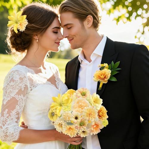 Artificial Flower Heads Combo - 48pcs Yellow Silk Flowers Bulk Faux Rose for Wedding Decor, Bridal Bouquets, Graduation Parties, Cake Toppers & Home DIY Crafts - color: Yellow 1