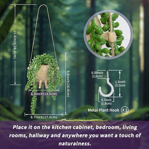 Artificial Hanging String of Pearls Succulent in Cute Smiley Face Swing Planter, Fake Trailing Succulent Plant for Indoor Outdoor Home Wall & Window Decor | Includes Hanging Hook - color: Hanging Succulents