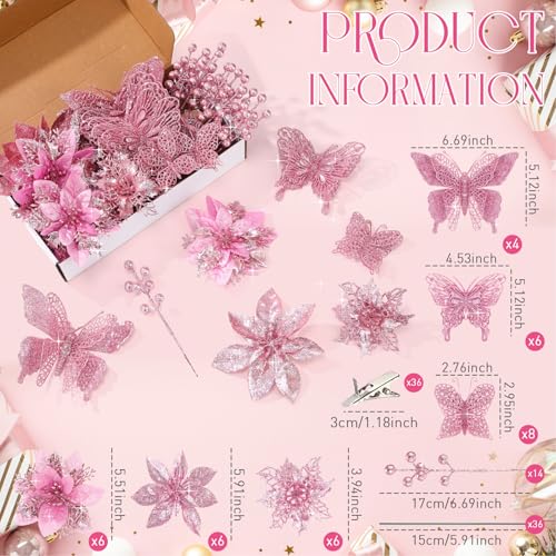 Thiccywoov 122 Pcs Christmas Glitter Poinsettia Artificial Flowers Berry Picks Butterfly Christmas Tree Ornaments 3 Styles Poinsettia kit with Clip for Xmas Wreath Home Tree Decor(Pink) - color: Pink