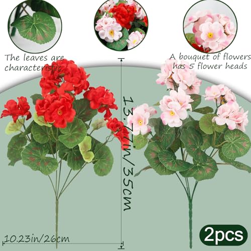 CISDUEO 4 Pcs Artificial Geranium Flowers for Outdoors Silk Flowers Outside Red Hot Pink Faux Flowers Geraniums for Outdoor Decor Indoor Garden Patio Grave Cemetary Table Centerpiece - color: Red, Pink