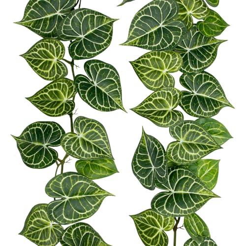 2Pcs Artificial Anthurium Leaves Vines 4ft Fake Hanging Plant Ivy Vines Greenery Garland Faux Tropical Vine Decor for Wall Jungle Luau Beach Birthday Party Indoor Outdoor Home Décor - color: Anthurium Crystallinum