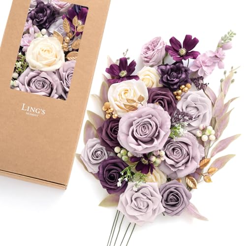 Ling's moment Artificial Flowers and Greenery for DIY Lilac & Cream Deluxe Box Wedding Bouquet Centerpieces Floral Arrangement Decor - color: Prpl-lilac & Cream, size: Deluxe