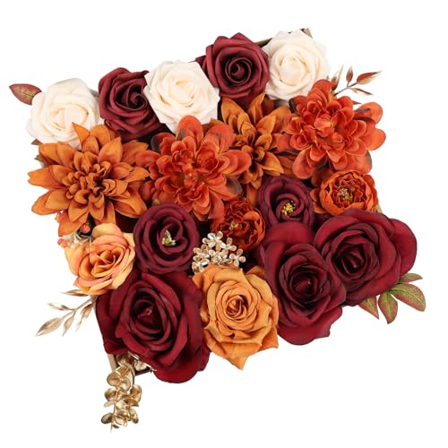 Artificial Flowers Combo Box Set Fall Fake Flowers Silk Mix Roses Peonies with Stems for DIY Bridal Wedding Decor Bouquets Centerpieces Baby Shower Party Home Decorations Orange Red 26pcs - color: Orange Red