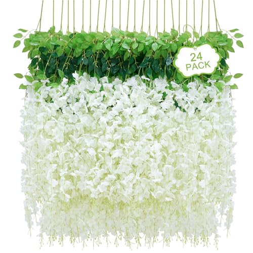 24Pcs Artificial Wisteria Hanging Flowers, 3.6Ft/Pcs White Fake Wisteria Garland for Wedding Party Home Garden Indoor Outdoor Decoration - color: White, size: 24Pcs
