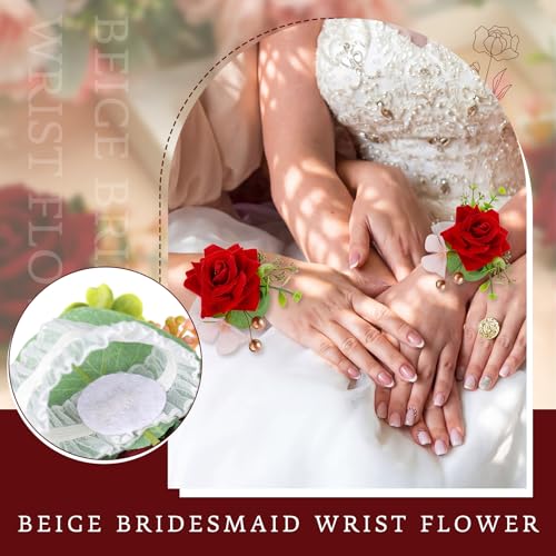 Sherr Red Set of 12 Rose Wrist Corsages for Wedding Corsage Flower Wristlet Floral Wedding Wrist Bridal Rose Leaf Hand Flowers for Bride Bridesmaid Prom Engagement Festival - color: Red