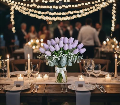 Purple Artificial Tulips Real Touch Fake Flowers, 20 Pcs PU Faux Tulips 13.5", Realistic Tulip Bouquet for Wedding Centerpiece Spring Home Kitchen Dining Table Vase Decoration Easter Stems - color: Light Purple