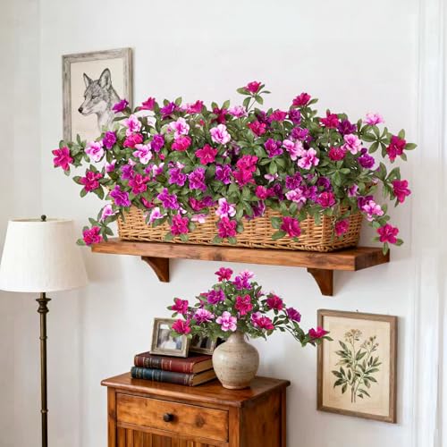 Ammyoo Artificial Fake Azalea Flowers for Outdoor Spring Decoration, Faux Silk Flower for Summer UV Resistant Look Real Plants for Garden Yard Porch Walkway Indoor Decor, 2PCS - color: Purple-red Pink Lotus