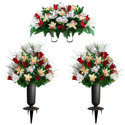 Sympathy Silks Artificial Cemetery Flowers - Grave Decoration - Red Tulips and White Iris (1) Headstone Saddle (2) Bouquets (2) Vases - color: Red/White, size: (1) Saddle (2) Bouquets (2) Vases