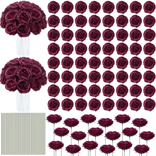 Suncalla 80 Pack Austin Rose Peonies, 3.94 Inch Artificial Flowers Heads Bulk with Stems Leaves for Arrangement Wedding Centerpiece Banquets Party Home Kitchen Decor DIY(Burgundy) - color: Burgundy