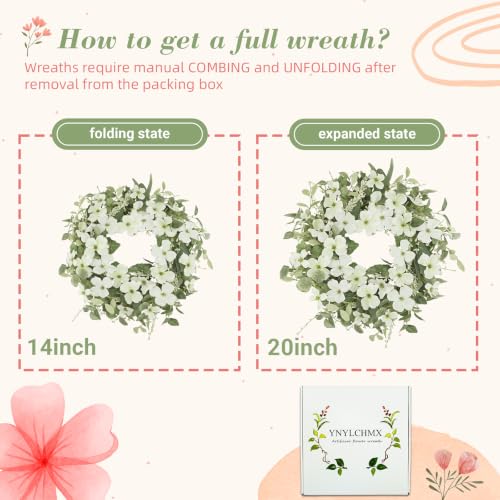 YNYLCHMX 20" Spring Summer Wreaths for Front Door, Artificial Floral Wreath with White Phalaenopsis Green Eucalyptus Leaves, Green Foliage Wreath for Wall Window Farmhouse Party Holiday Home Decor - color: White Phalaenopsis