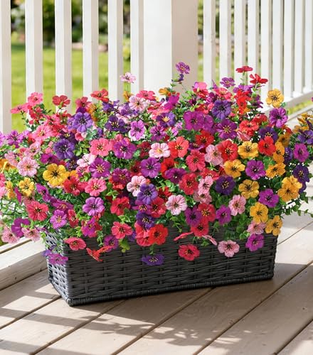 Ivydale Artificial Flowers for Outdoor 24 Bundles Fake Mums with Eucalyptus Leaves UV Resistant Silk Faux Daisy Flower Plant for Outside Home Porch Patio Window Box, 6 Color Mixed - color: 6 Color Mixed