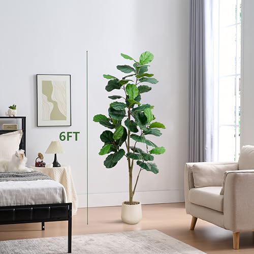 Artificial Fiddle Leaf Fig Tree 6FT, 72 Inch Tall Faux Ficus Lyrata Fake Floor Plant with White Planter & Pebbles, Large Realistic Fig Tree for Indoor Home Office Living Room Decor - color: White, size: 6FT