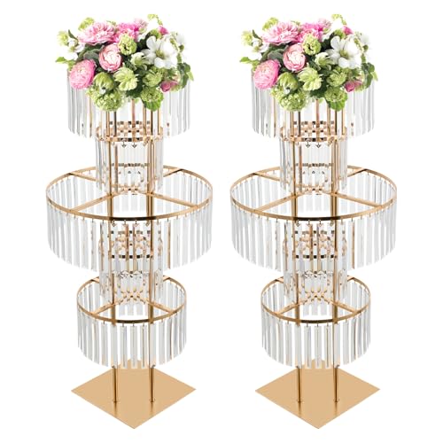 2Pcs 5 Tiers Wedding Centerpieces Vase, 43.3" Tall Wedding Centerpieces Crystal Flower Stand, 5-Tier Crystal Vase with 11.81" Square Base for Party Event Home Decoration (Gold) - color: Gold+square Base