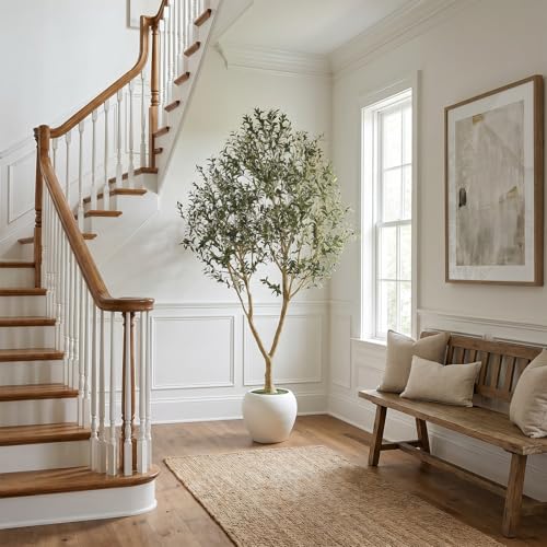 9ft Artificial Olive Tree with White Planter Included - Large Indoor Floor Plant with Natural Trunk and Fruit Accents for High-Ceiling Living Room and Hallway Corner - size: 9ft